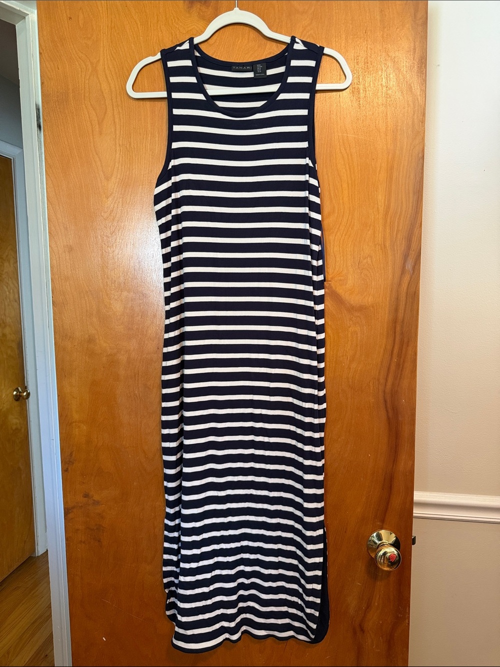 Tahari Navy and White Sleeveless Striped Maxi Dress